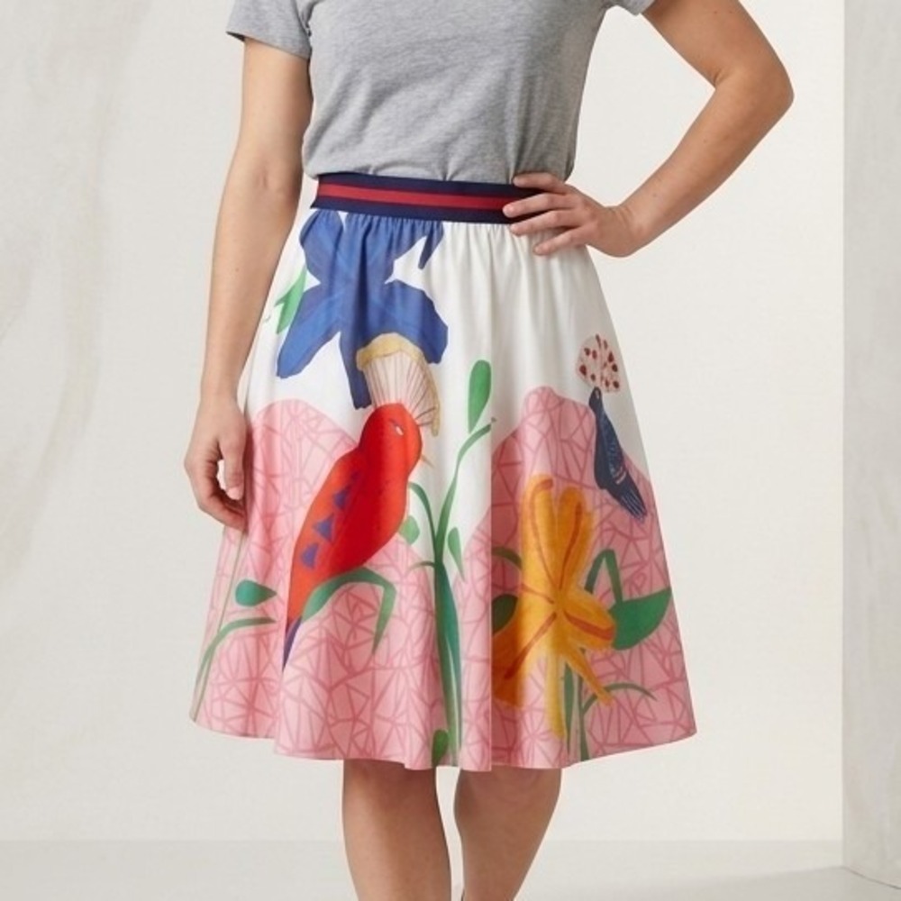 Alice + Olivia Bird Print Flare Midi Skirt Floral Swing Dopamine Retro Artsy 10